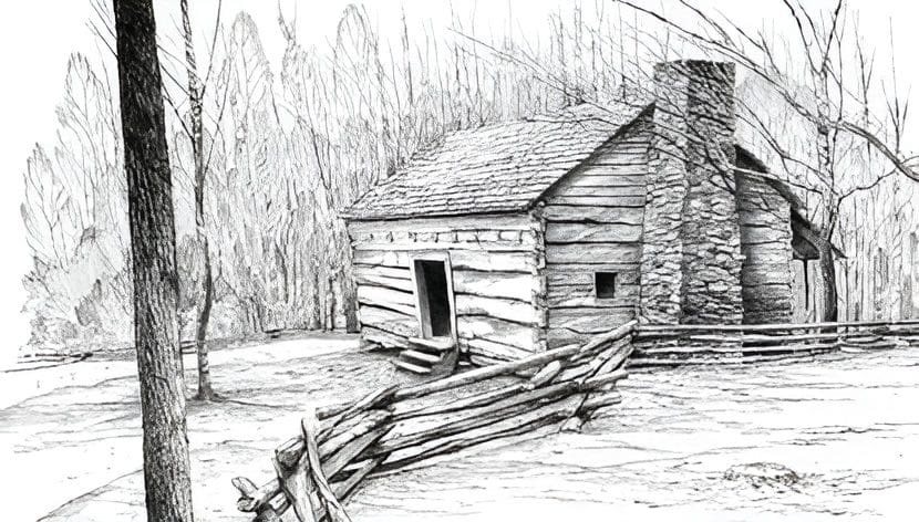 Black and white sketch of a log cabin.