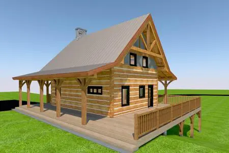 A 3 d rendering of the front view of a log cabin.