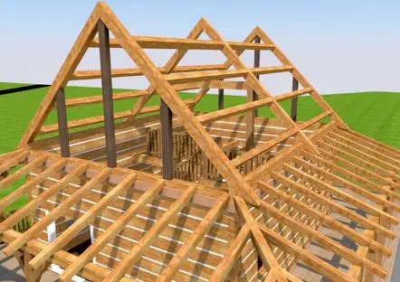 A 3 d image of the roof structure for a house.