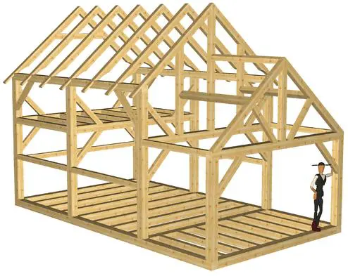 A wooden structure with some wood framing on top of it.