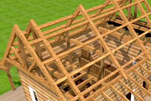 A 3 d image of the roof structure of a house.